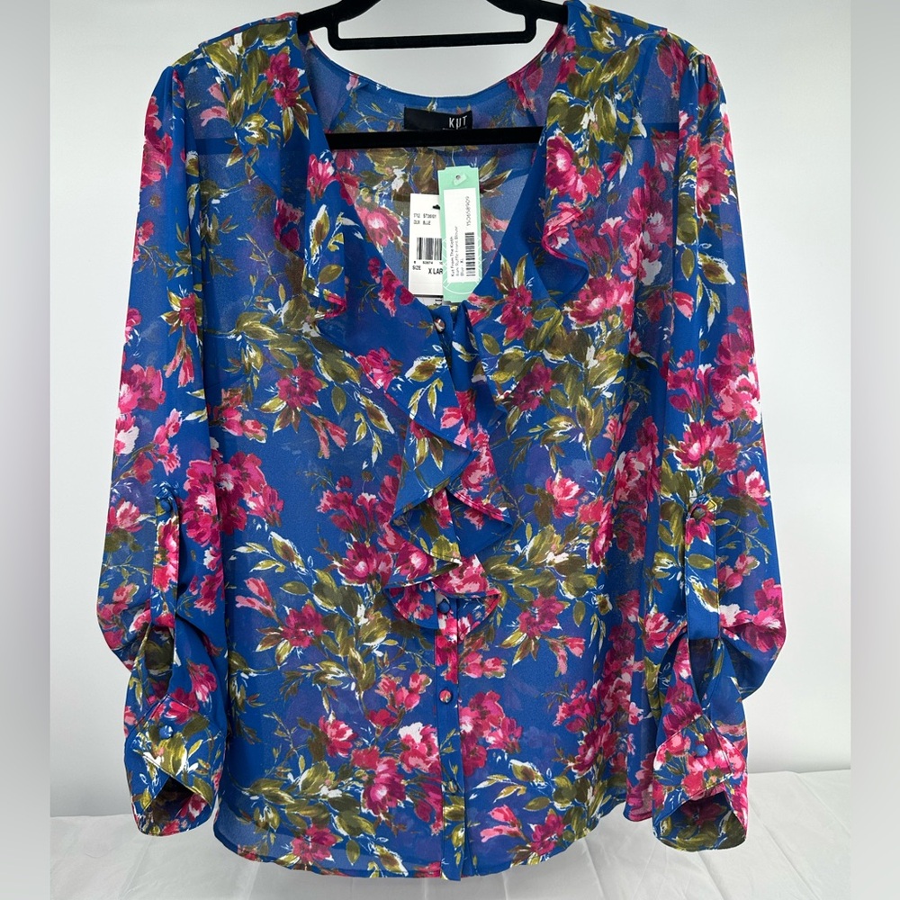 Kut From The Kloth Womens Size XL Blue Pink Floral Long Sleeve Ruffle Button Up - Picture 10 of 11